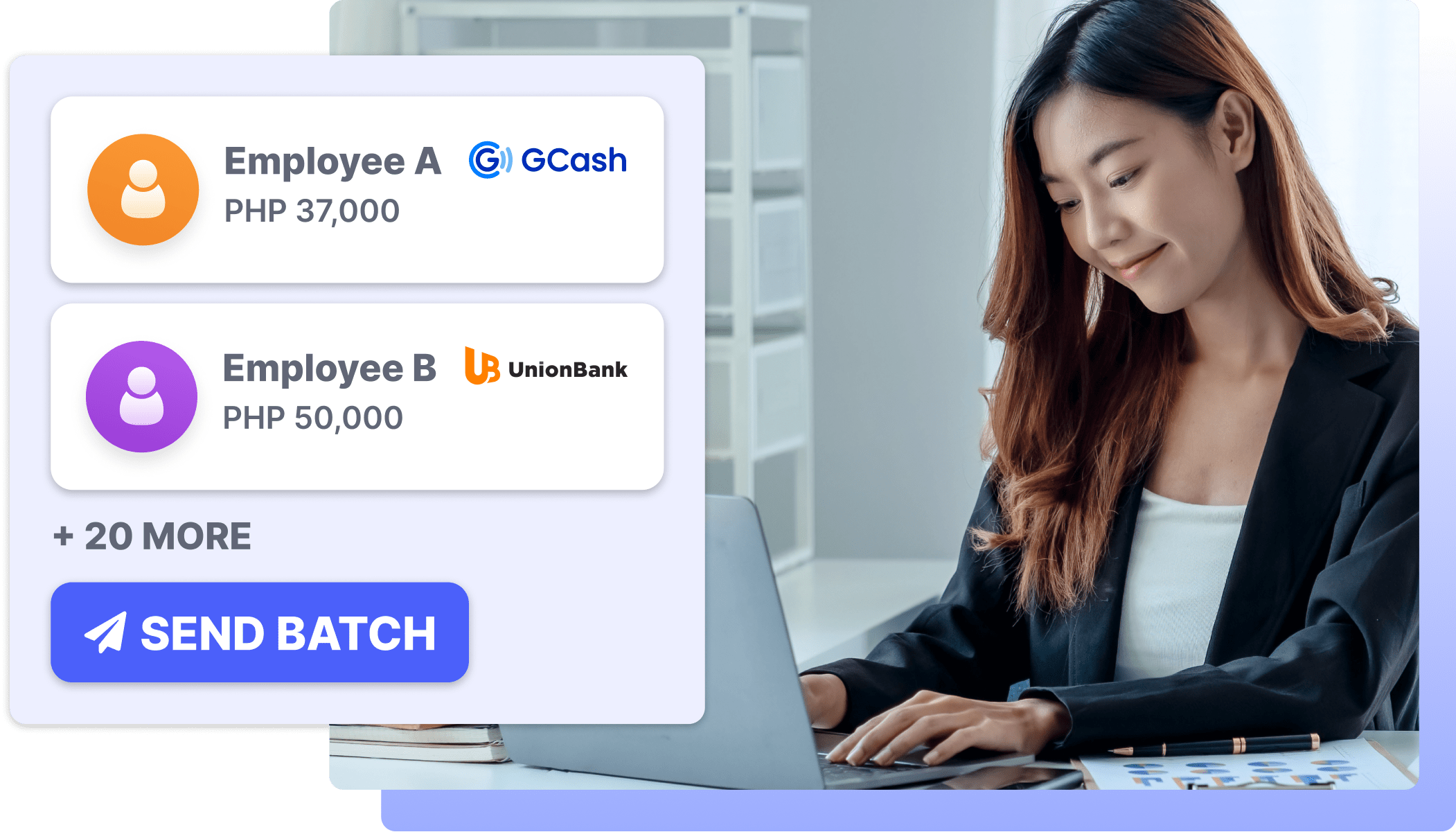 Woman sending a disbursement to Employee A's GCash account, Employee B's Unionbank Account, and 20 others, followed by a 'Send Batch' button