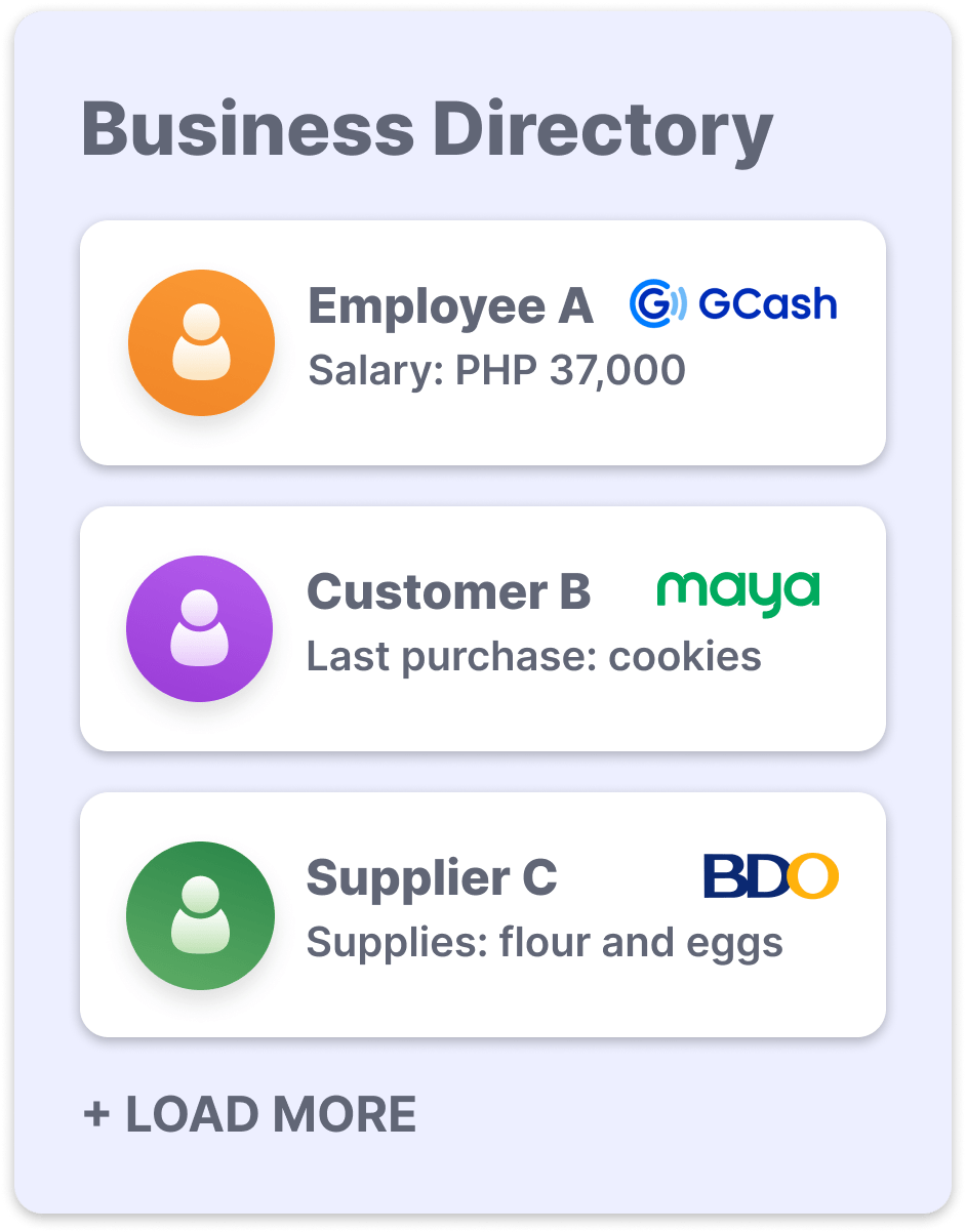 Business directory showing different employees, customers, and suppliers and notes for each