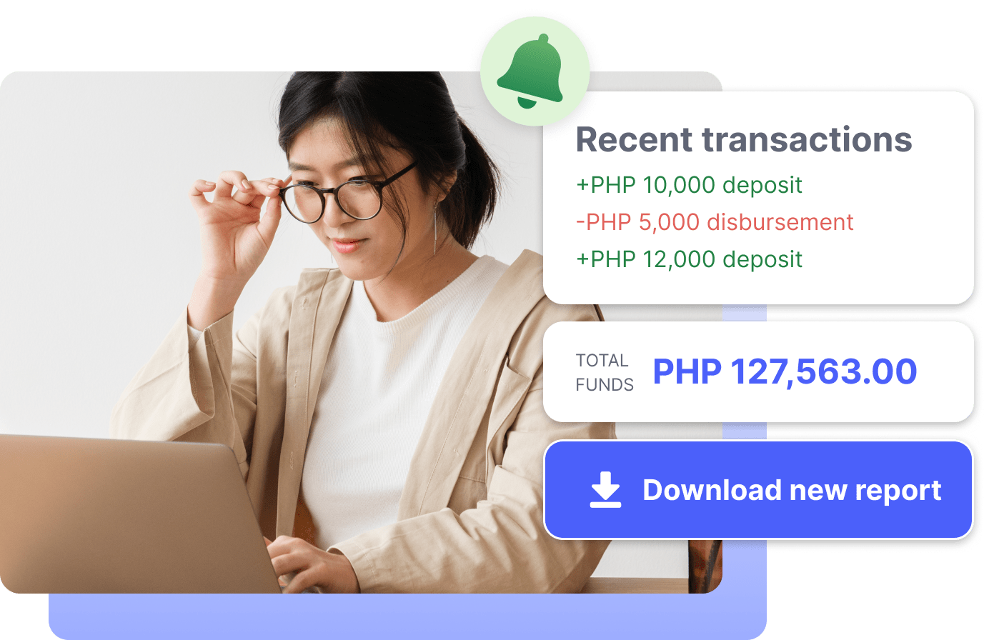 Woman examining recent transactions and total funds. The 'Download new report' button is also shown